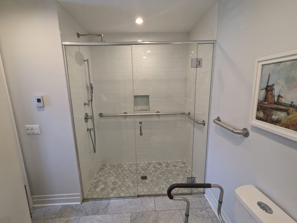 A no-step shower design for handicap accessiblilty.