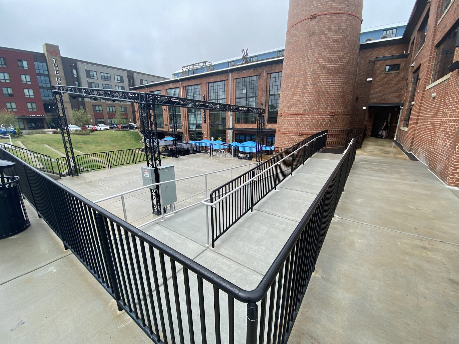 Handrails on a ramp for fall prevention.